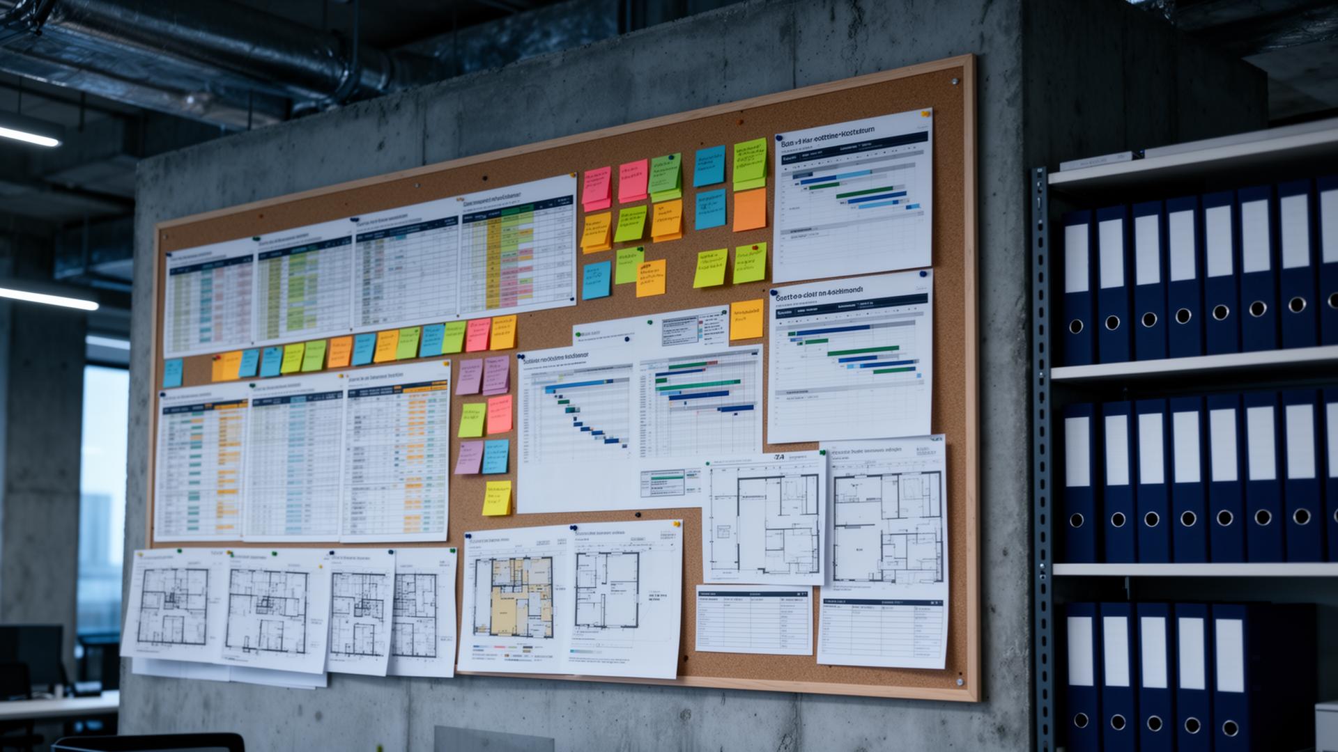Contractor and project coordinator reviewing blueprints and project documentation on a planning table